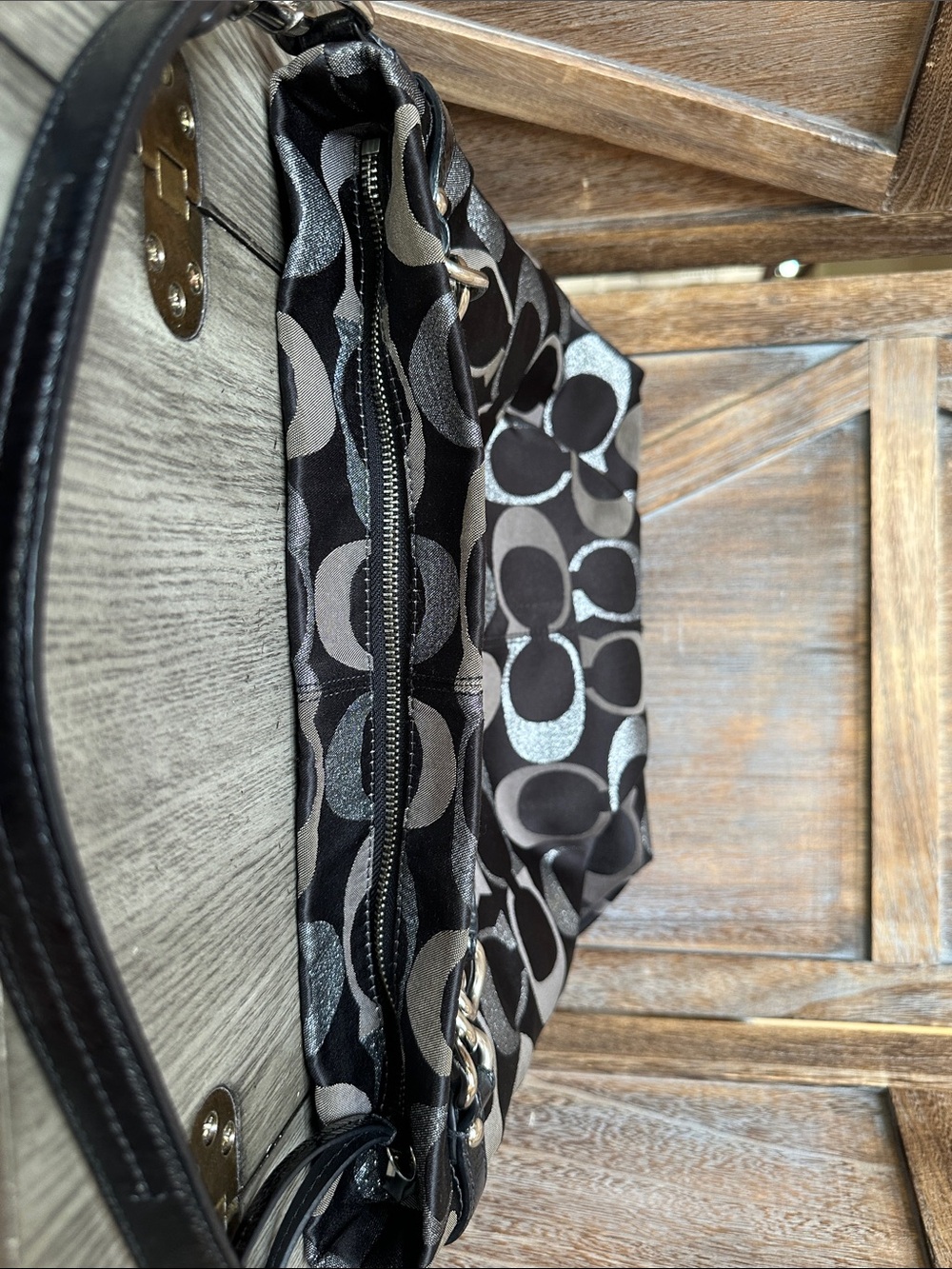 Coach Brooke Signature C Black & Metallic Silver Canvas Shoulder Satchel Tote - Picture 11 of 16